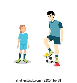 Football Or Soccer Coach And A Girl Communicating. Positive Communication Of Multinational Friends. People Conversation. Flat Vector Illustration Isolated On White Background