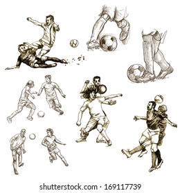 FOOTBALL - Soccer. Collection of an hand drawn illustrations on white background.