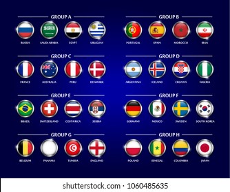 Football or Soccer cup 2018 team group set . Circle glass covered design of national flag with metal edge and sparkle . Vector for international world championship tournament .