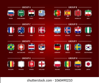 Football or Soccer cup 2018 team group set . Square glass covered design of national flag with metal edge and sparkle on red color background . Vector for international world championship tournament .
