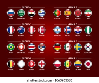 Football or Soccer cup team group set . Circle glass covered design of national flag with metal edge and sparkle . Vector for international world championship tournament 2018 .