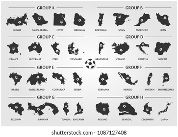 Football or Soccer cup team group set . Silhouette country map with ball . Vector for international world championship tournament 2018 .