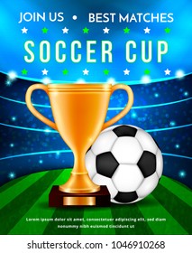 Football soccer cup,vector illustration concept.Golden sport championship trophy and soccer ball on green stadium arena background with spotlights,flashes and flares