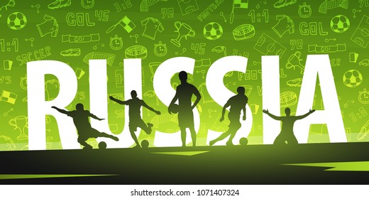 Football or Soccer design banner with hand draw doodle elements and football player silhouette. Vector ball. Vector illustration