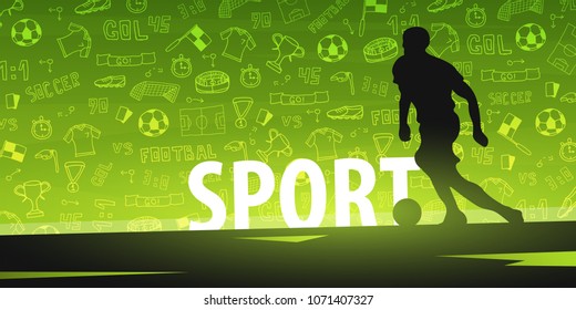 Football or Soccer design banner with hand draw doodle elements and football player silhouette. Soccer championship. Vector illustration