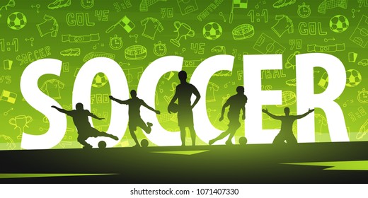 Football or Soccer design banner with hand draw doodle elements and football player silhouette. Soccer championship. Vector illustration