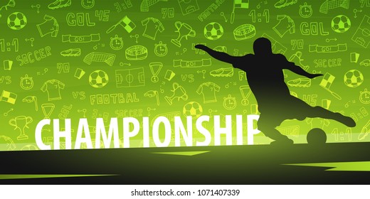 Football or Soccer design banner with hand draw doodle elements and football player silhouette. Soccer championship. Vector illustration