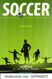 Football or Soccer design poster with hand draw doodle elements on a background and football player silhouette. Soccer championship. Vector illustration