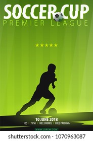 Football or Soccer design poster with hand draw doodle elements on a background and football player silhouette. Soccer championship. Vector illustration