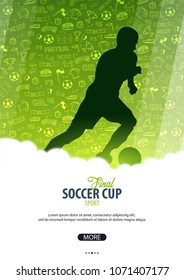 Football or Soccer design poster with hand draw doodle elements on a background and football player silhouette. Soccer championship. Vector illustration