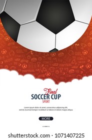 Football or Soccer design poster with hand draw doodle elements on a background. Soccer championship. Vector ball. Vector illustration