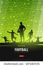 Football or Soccer design poster with hand draw doodle elements on a background and football player silhouette. Soccer championship. Vector illustration
