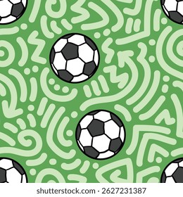Football soccer and doodle seamless pattern in green theme