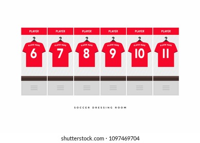 Football or soccer dressing room. Red shirt football team.