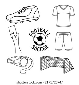 Football Soccer Element Set Of Hand Drawn Outline Vector Illustrations. Boot, Goal Net, Shorts, Tshirt, Ball, Ticket, Whistle