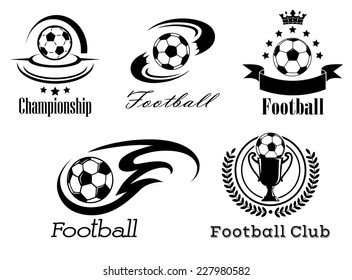 Football and soccer emblems or badges in black and white showing a football with motion trails, flames, banner and crown, wreath and trophy