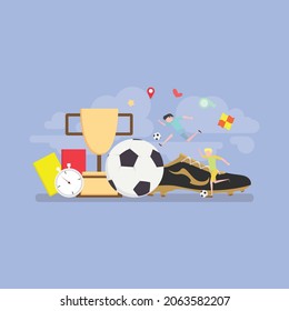 Football, soccer equipment and shoes, cup, flats vector illustration.