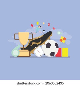 Football, soccer equipment and shoes, cup, flats vector illustration.