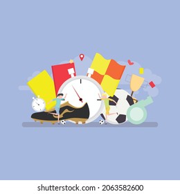 Football, soccer equipment and shoes, cup, flats vector illustration.
