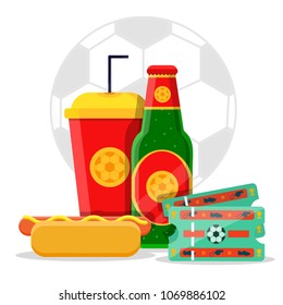 Football soccer fan lover street fast food unhealthy game match set concept. Glass green bottle of beer, two tickets, hot dog, plastic red yellow glass of soda. Modern flat vector illustration icons. 