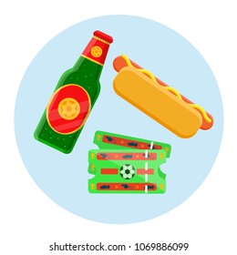 Football soccer fan loves street fast food. Game match set concept. Glass green bottle of beer, two tickets, hot dog with mustard. Modern flat vector illustration icons. Isolated on white 