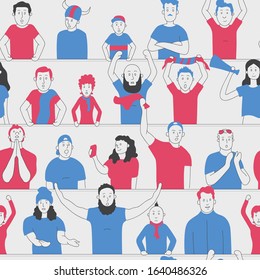 Football / Soccer fans cheering and root standing on the stands of the stadium. Simple style vector illustration