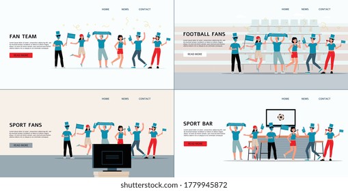 Football or soccer fans sport club web pages set with group of fans with ribbons and flags, flat vector illustration. Landing page for football championship event.
