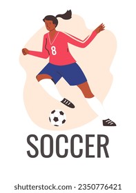 Football soccer female player in action. Cartoon black woman athlete running to kick the ball. Pink sportswear with number 8. Vector Soccer poster on white. Sports game training or competition match