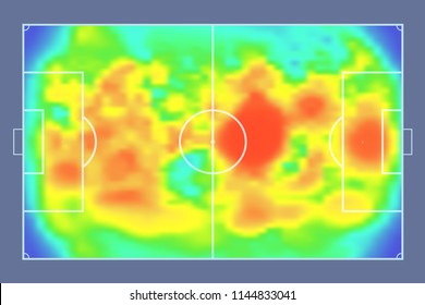 Football or soccer field with heat map. Map of location players during the game. Tactical and strategy football background. Sport background.