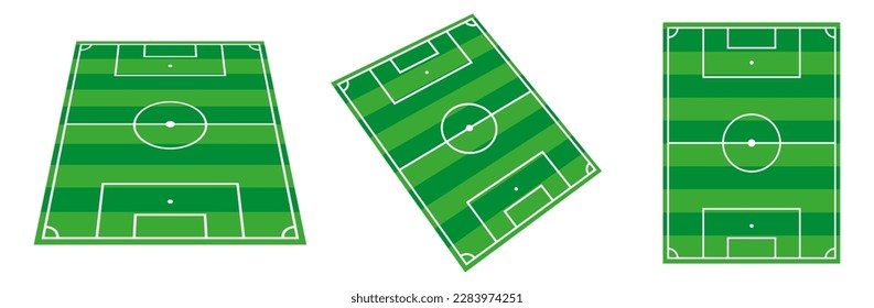 Football or soccer field. Pitch scheme top, side and perspective view. Vector set