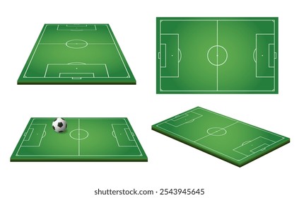 Football or soccer field. Realistic ball sport pitch scheme with zone markings. Stadium grass court perspective, side and top view vector set