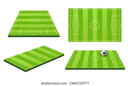 Futebol ou campo de futebol. Esquema de campo de esporte de bola realista com marcações de zona. Estádio gramado corte perspectiva, lado e vista superior vetor conjunto