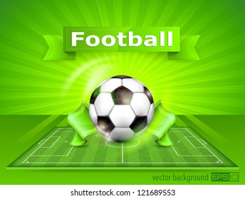 Football (soccer) field stadium with ball on green grass and text, vector illustration