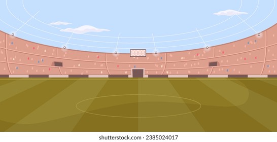 Football soccer field with tribunes, blue sky and green grass, flat cartoon style. Vector illustration of arena for tournaments or championships, no people on tribunes, board with much results