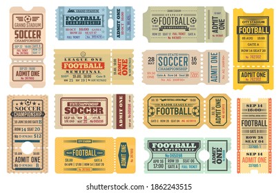 Football, soccer game admit  tickets. Sport competition cup, football league tournament and sport arena or stadium entrance pass vector template with soccer ball and tear off perforation