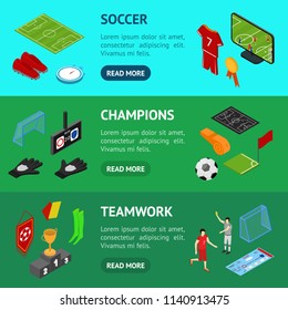 Football or Soccer Game Banner Horizontal Set Isometric View Include of Flag, Shoe, Card, Cup, Stopwatch and Shirt. Vector illustration