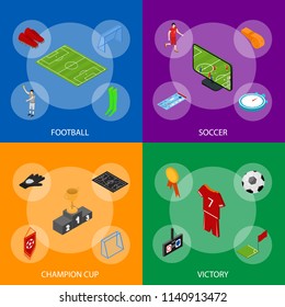 Football or Soccer Game Banner Set Isometric View Include of Flag, Shoe, Card, Cup, Stopwatch and Shirt. Vector illustration
