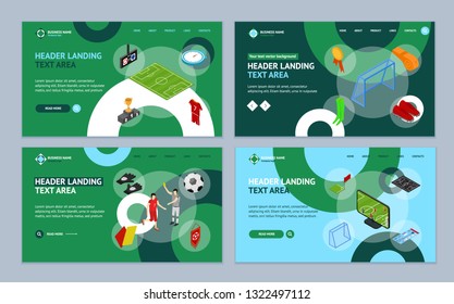 Football or Soccer Game Landing Web Page Template Set Isometric View Include of Flag, Shoe, Card, Cup, Stopwatch and Shirt. Vector illustration