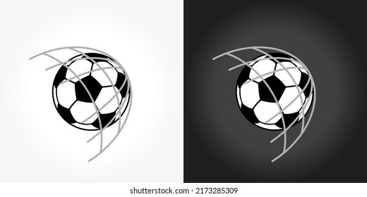 Partido del fútbol. Logotipo. Red de objetivos de bolas. Balón de fútbol en gol.  iguala el momento del gol con la pelota. Torneo, logófilo de campeonato. Ilustración del vector