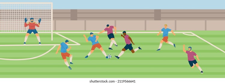 Proceso de fútbol o de partidos de fútbol, jugadores profesionales pateando y pasando pelota en el campo, ilustración vectorial plana. Concepto de deporte y competencia. Personajes deportistas.