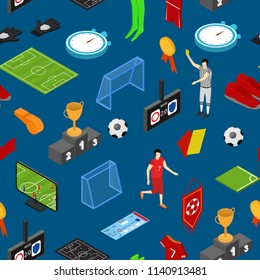 Football or Soccer Game Seamless Pattern Background Isometric View Include of Flag, Shoe, Card, Cup, Stopwatch and Shirt. Vector illustration