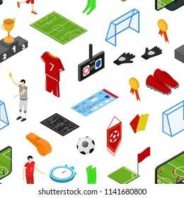 Football or Soccer Game Seamless Pattern Background on a White Isometric View Include of Flag, Shoe, Card, Cup, Stopwatch and Shirt. Vector illustration