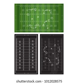 Football or soccer game strategy plan isolated on blackboard with chalk rubbed background. Football or soccer strategy board