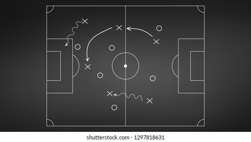 Football or soccer game strategy plan isolated on blackboard background. Sport element. Vector illustration isolated on white background.