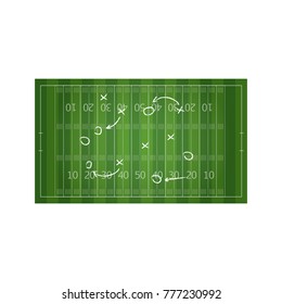 Football or soccer game strategy plan isolated on blackboard with chalk rubbed background. Football or soccer strategy board