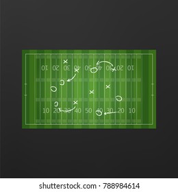 Football or soccer game strategy plan isolated on blackboard with chalk rubbed background. Football or soccer strategy board