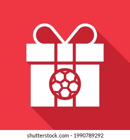 Football or Soccer Gift Box Vector icon in Solid Long Shadow Style. A gift box with the soccer ball is a symbol of rewards or package. Vector illustration icons can be used for apps, websites, or logo