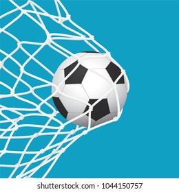 Football / Soccer Goal. Ball in Net on Blue Background. Sport Vector Illustration.