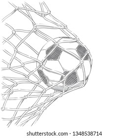 Football / Soccer goal. Ball in net. Hand drawn style background. Sport vector illustration.