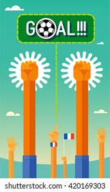 Football (soccer). Goal. Hands of the players and the fans throw up triumphantly.  In the flat style. Colors form French national team. eps8